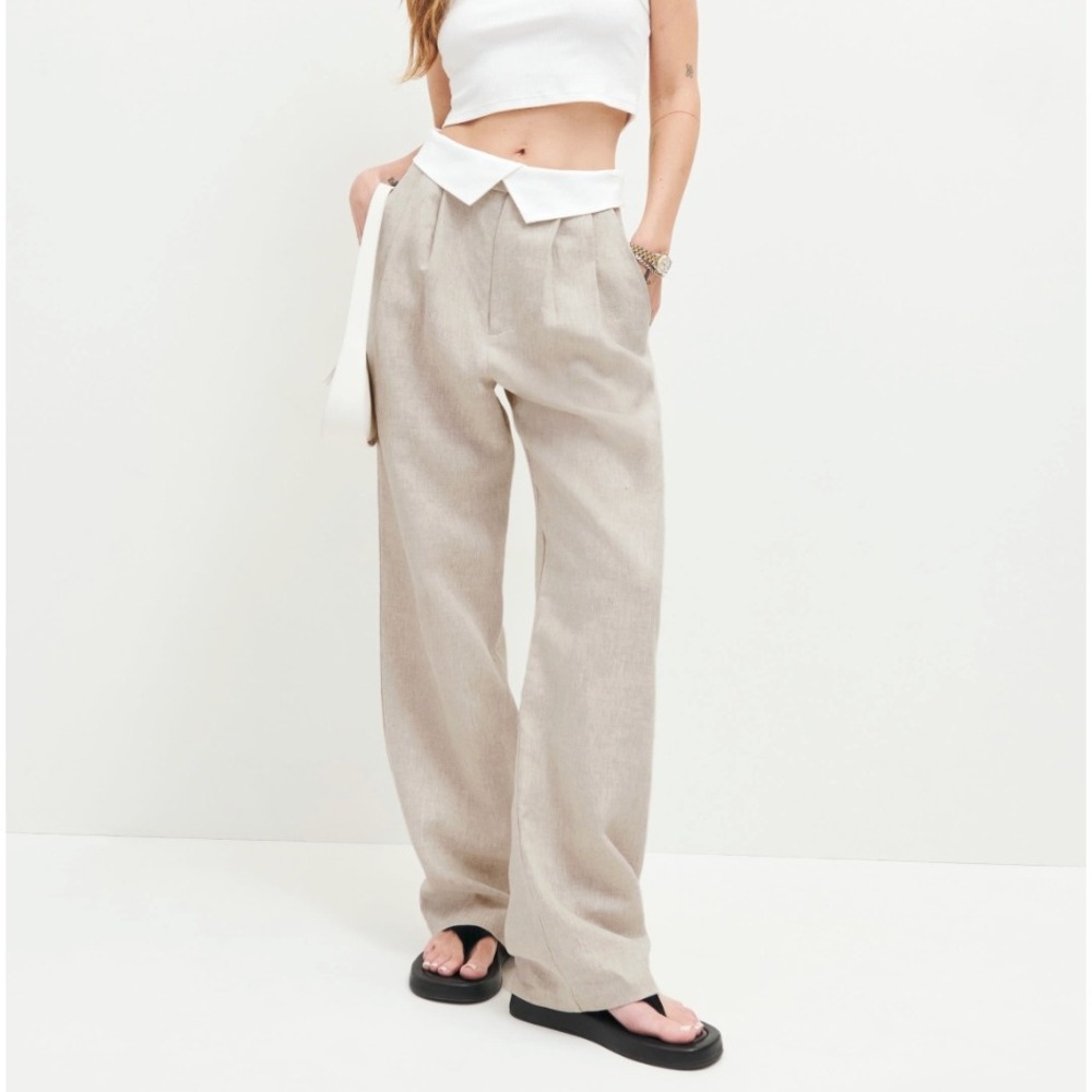 REFORMATION Stevie High Rise Foldover Wide Leg Linen‎ Pant in Oatmeal